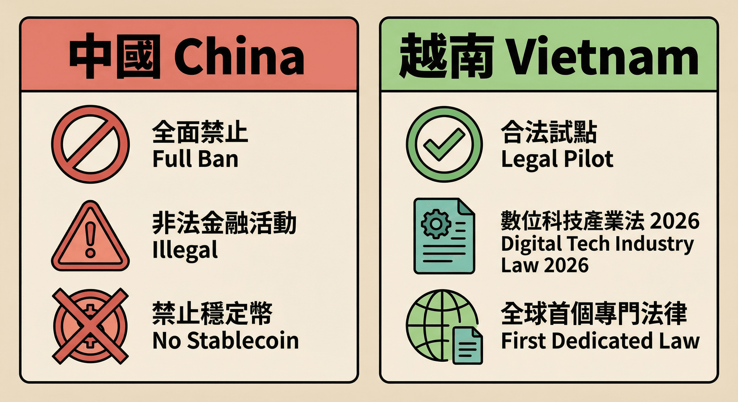 2026 中國 / 越南 加密貨幣政策大對比：一個全面禁止,一個積極擁抱
